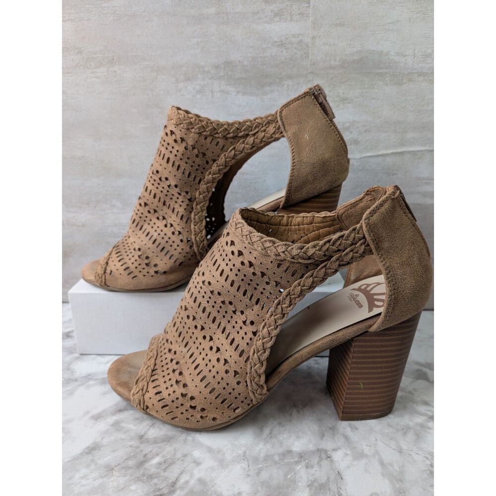 Fergalicious Peep Toe Heeled Sandals Boho Festival Cutout Braided Tan Womens